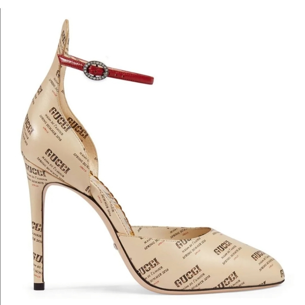Gucci Calfskin Stamp Print Pump Size 38****featuring Hibiscus 🌺 Red Strap